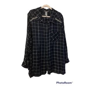 CATHERINES Women’s Navy Blue Embellished Shoulder Button Up Long Sleeve Top 3X